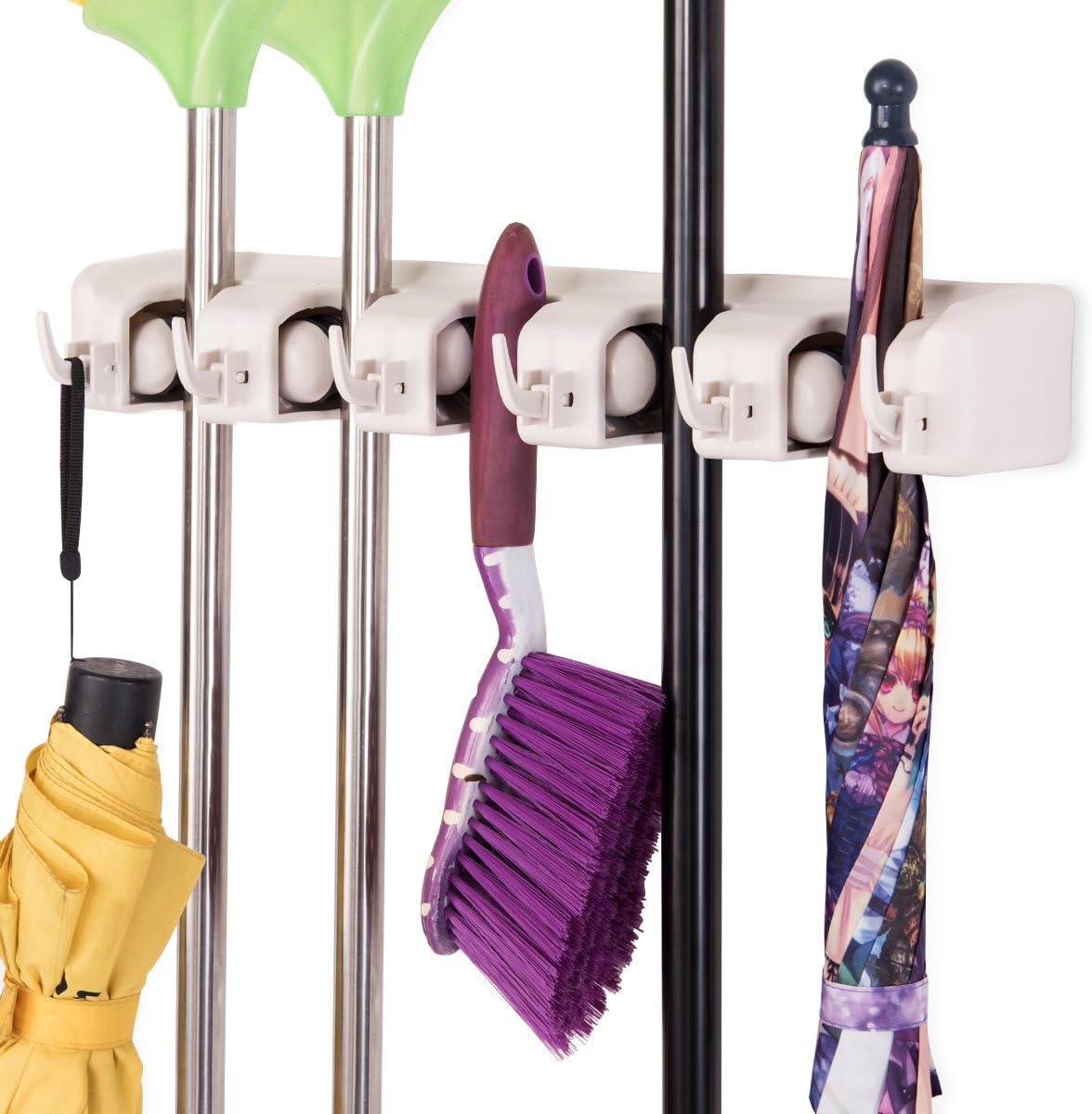 Tangkula Wall Mount Broom Holder - 5 Slot Organizer with 6 Hooks for Home, Kitchen & Garage Storage (White)