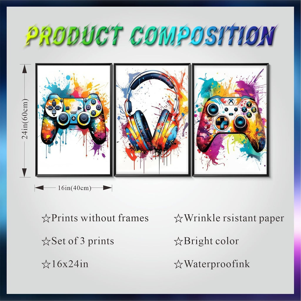 Regine Switzerland Gaming Room Decor - Set of 3 Video Game Canvas Prints | 16x24in Unframed Graffiti Art for Teen Boys