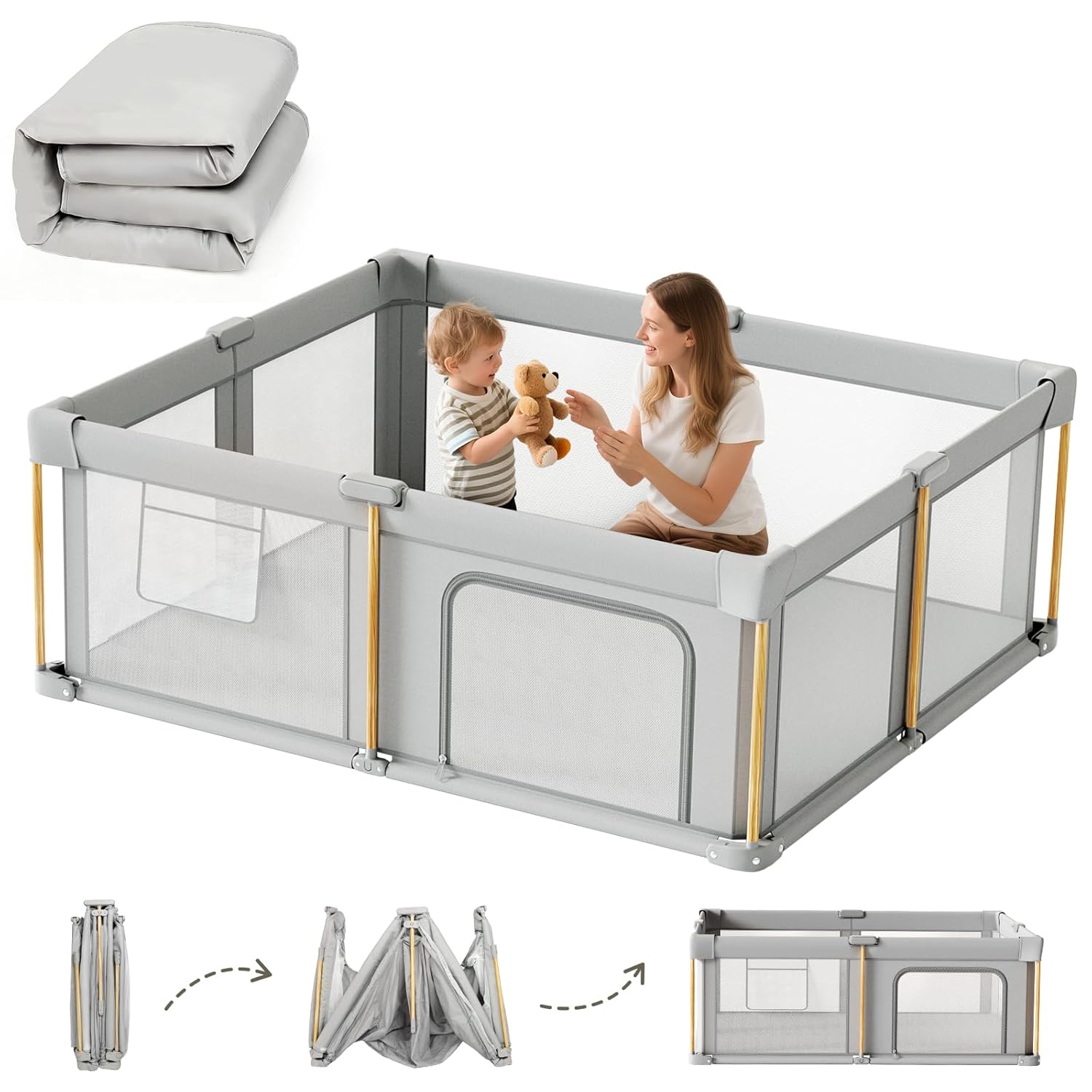 Skiennix Foldable Baby Playpen - Portable 71x59 Play Yard with Mat for Indoor & Outdoor Use