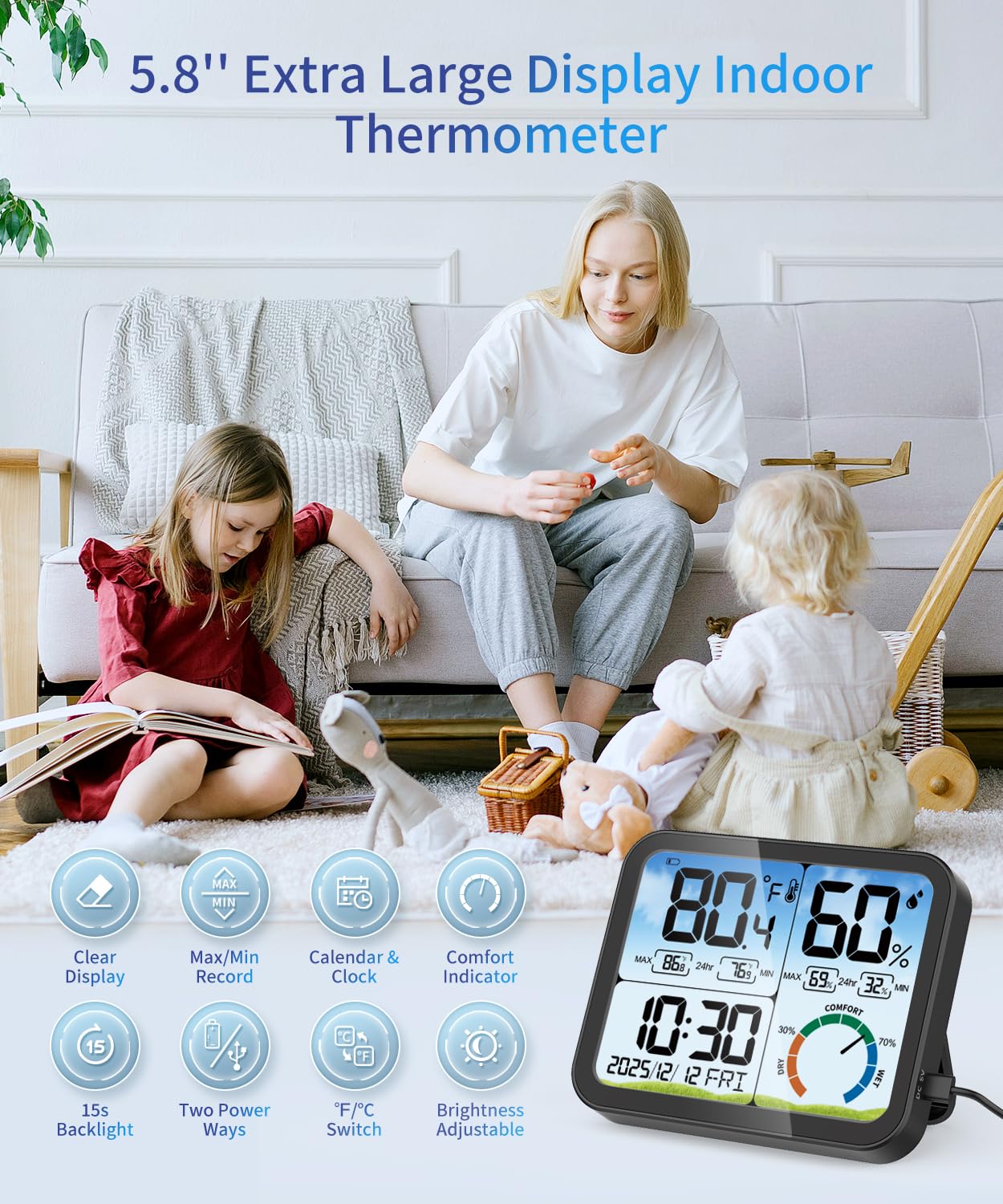VOCOO Digital Indoor Thermometer - 5.8'' Large Display Temperature & Humidity Sensor with Accurate Readings, Backlit, Date & Clock