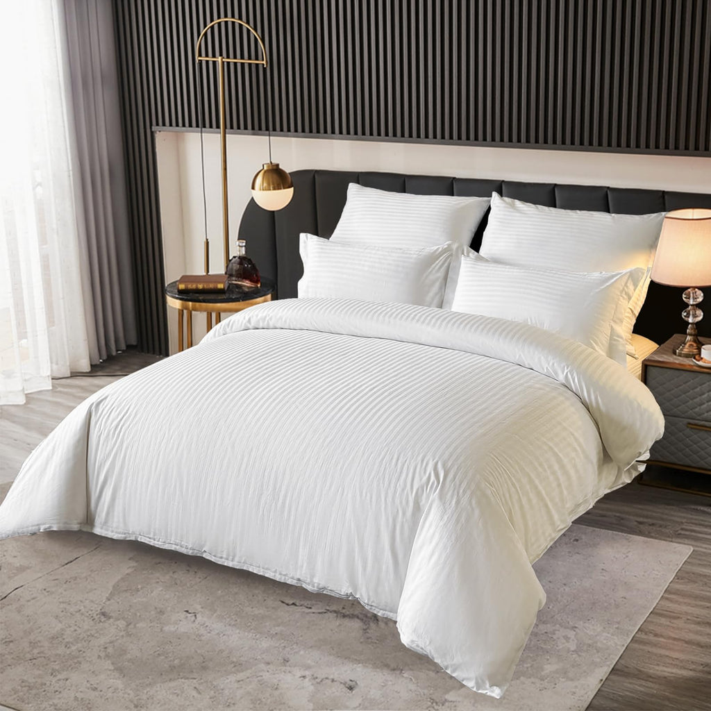 Amolavet Hotel Bedding Duvet Cover Queen Size Cotton White Satin Pin Striped Textured with Zipper - Duvet Cover Queen 3 Pcs Set 90x90 - Comforter Cover/Quilt Cover Queen Size