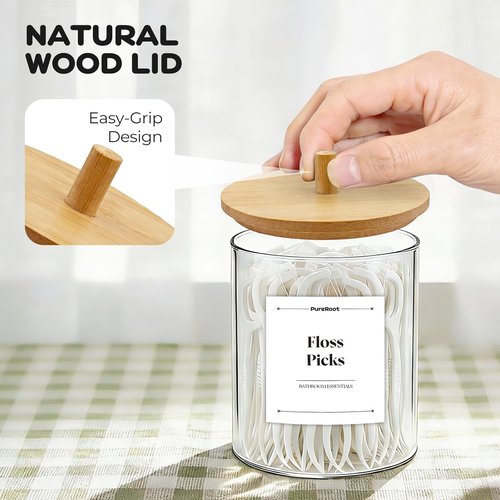 Glass Qtip Holder Dispenser Set - 10oz Cotton Swab & Bamboo Lid Canisters | Bathroom Vanity Storage (2 Pack)