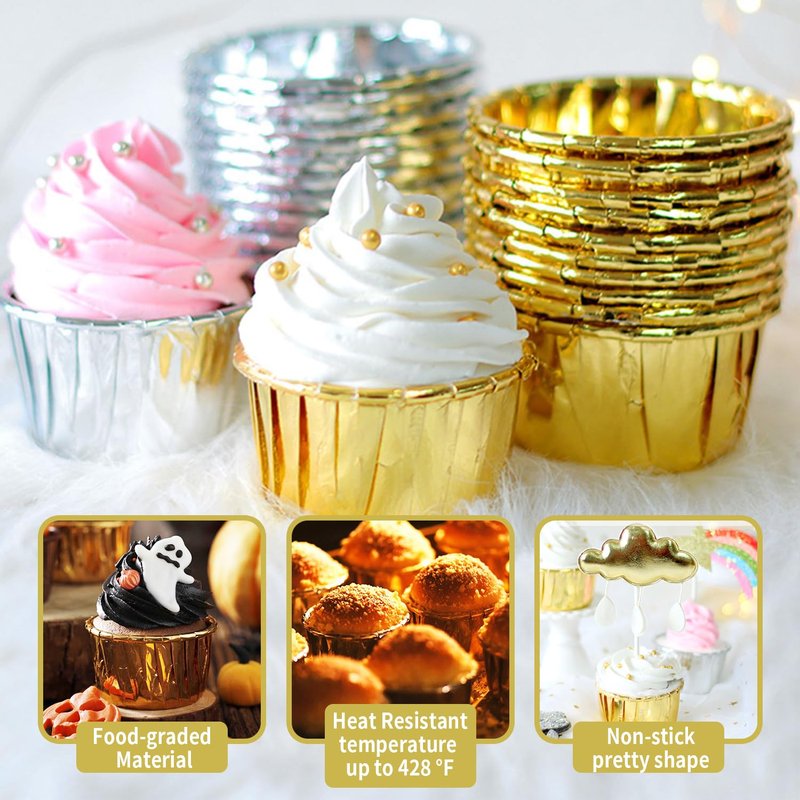 Gold Foil Metallic Paper Baking Cups Muffin Cups Cupcake Liners 50-Count Cake Baking Cups for Birthday, Wedding, Party (Gold)