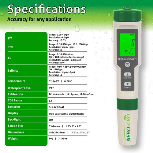 Aero-Gro 5-in-1 Digital Water Testing Meter | pH, TDS, EC, Salinity & Temperature Tester | Hydroponics, Aquarium, Pool & Drinking Water Quality Monitor