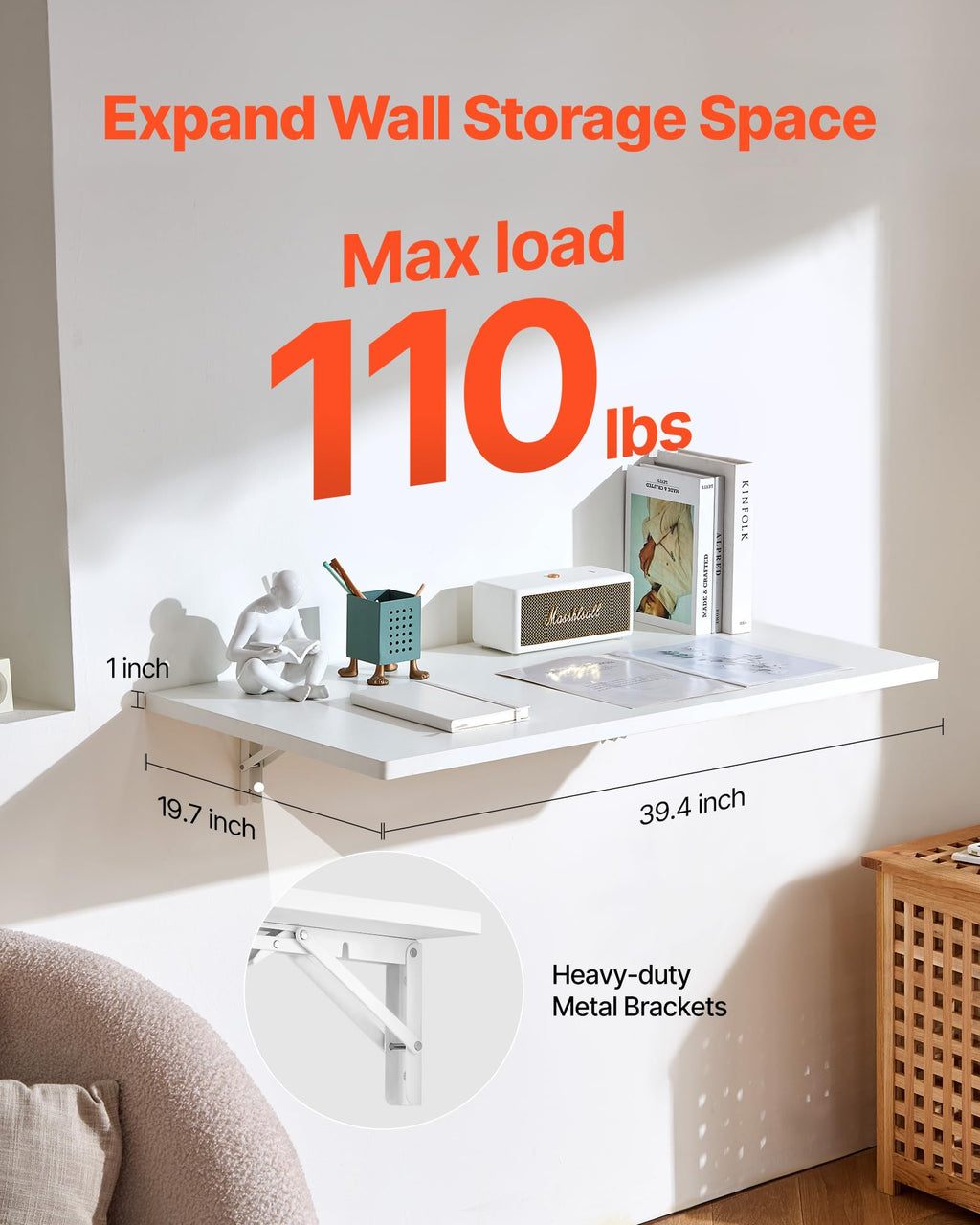 VEVOR Wall Mounted Folding Table, 43.3 x 18 inches Wall Mount Table, Floating Desk with Iron Bracket, Fold Down Desk for Small Spaces, Home Office, Dining, Laundry Room, Kitchen, Bar, White