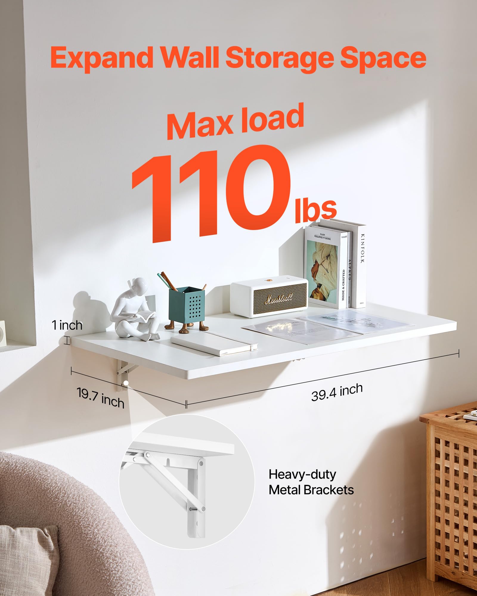 VEVOR Wall Mounted Folding Table, 43.3 x 18 inches Wall Mount Table, Floating Desk with Iron Bracket, Fold Down Desk for Small Spaces, Home Office, Dining, Laundry Room, Kitchen, Bar, White
