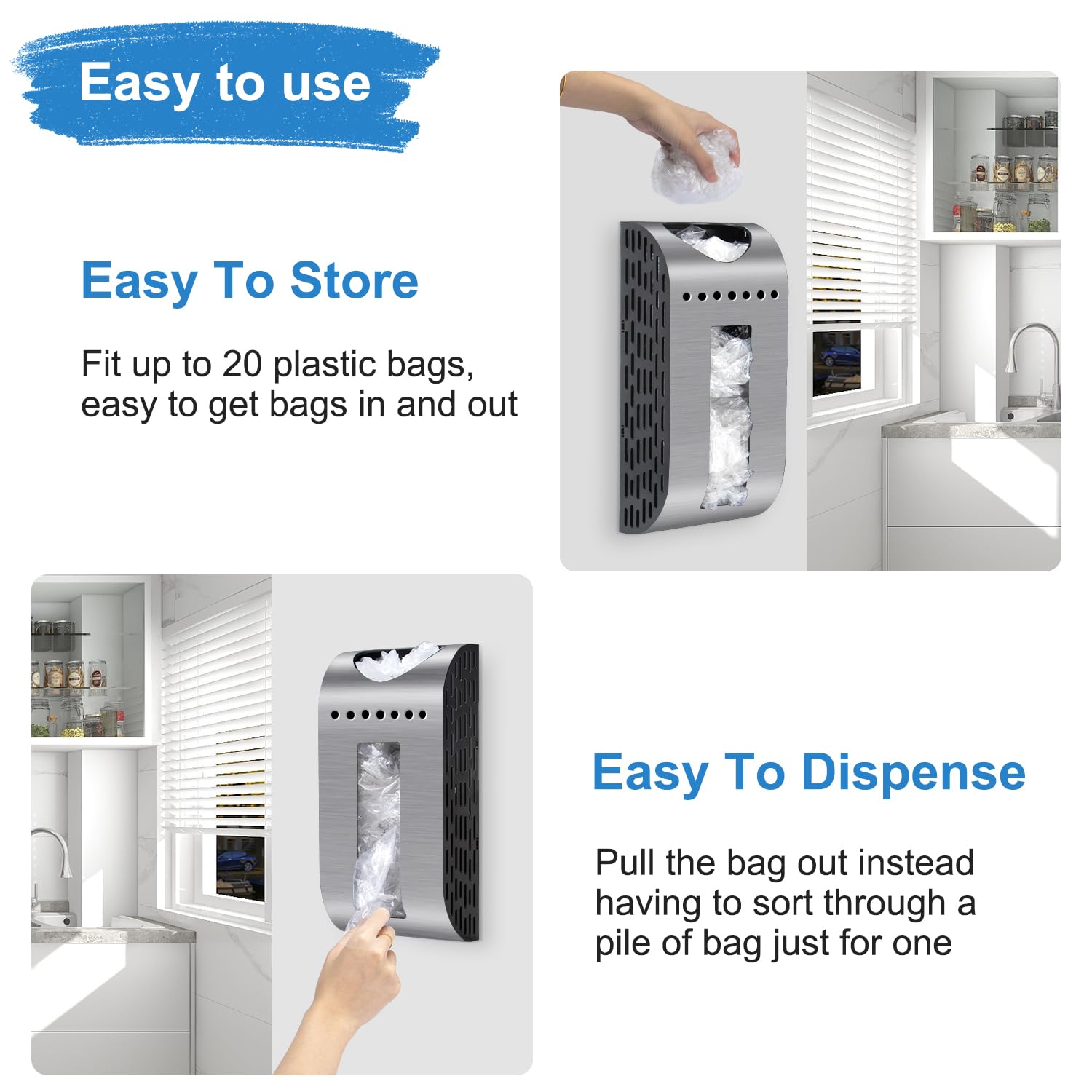 LEWONO Grocery Bag Holder Wall Mount Plastic Bag Dispenser Space Saving Brushed Silver Garbage Bag Holder for Cabinet, Cupboard, Pantry, Anti-Fingerprints Design