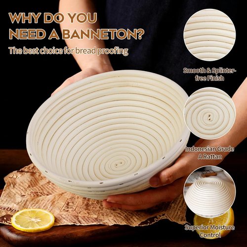 Dimpola Banneton Proofing Basket - Handmade Natural Rattan Round Dough Rising Basket for Artisan Bread (Set of 2)