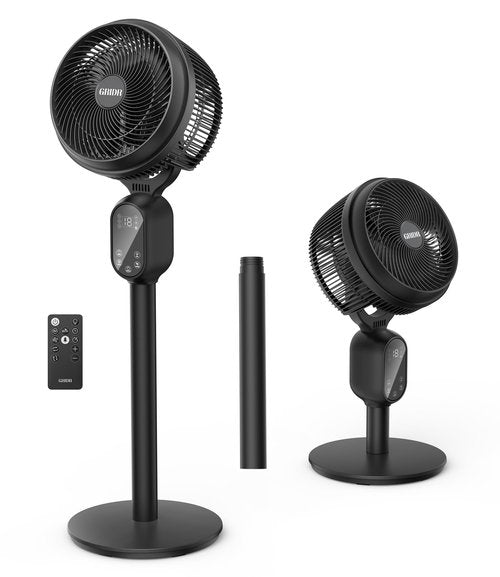 GRIDR Fan For Bedroom, Pedestal Fans 90°+90° Smart Oscillating, Standing Fans for Home 12 Speeds, 4 modes, 12H Timer, Quiet Floor Fan with DC Motor 20dB, 90ft for Room, 22-35'' Adjustable Height