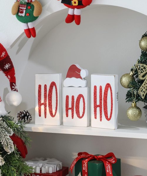 Ho Wood Christmas Blocks - Festive Wooden Tabletop Decor for Holiday Parties | 4 White Signs