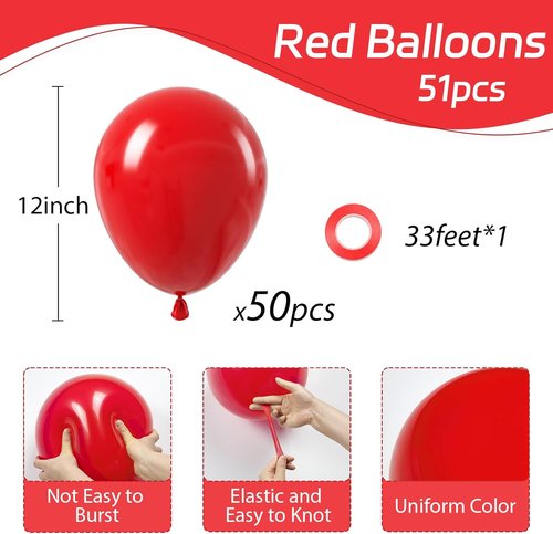 Awenztech Red Balloons - 12-Inch Latex Party Balloons | 50pcs for Baby Showers, Weddings & Birthdays