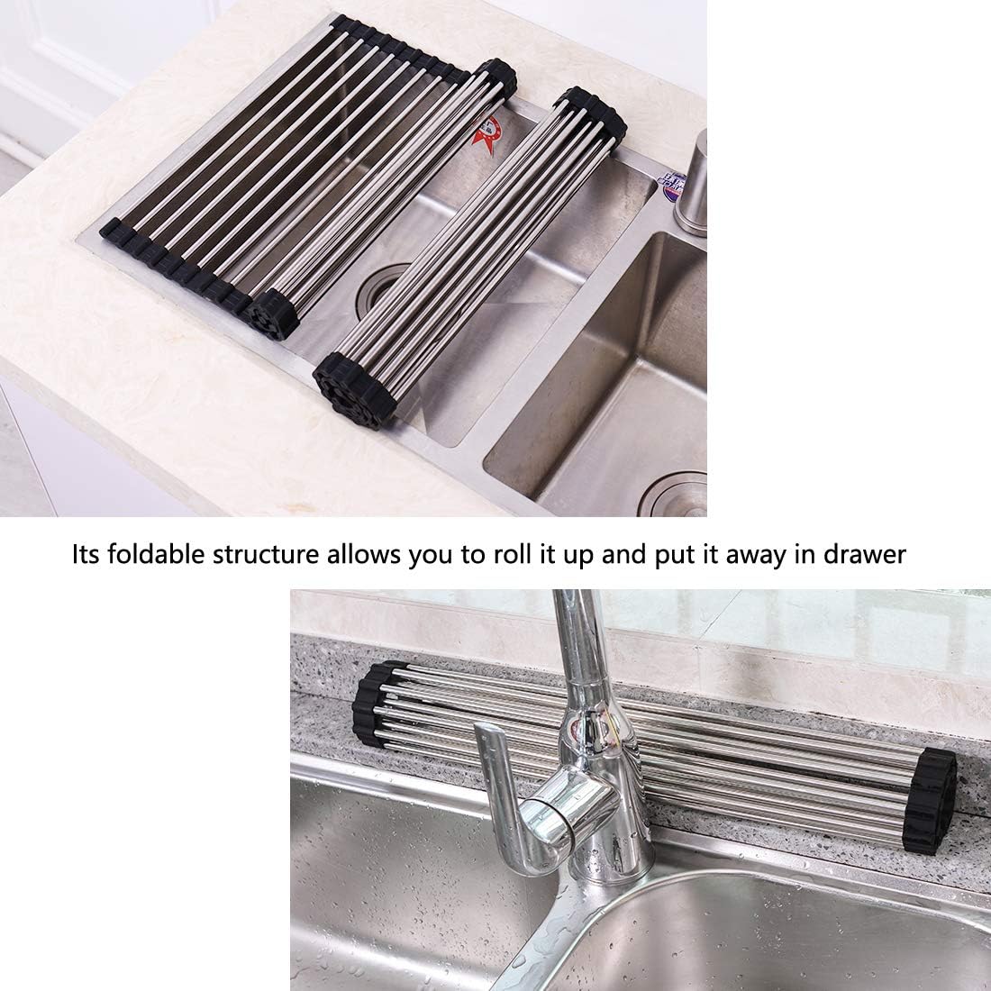 Skiennix Over The Sink Dish Drying Rack - 304 Stainless Steel, Foldable & Rollable, 17.7" x 16" - Black