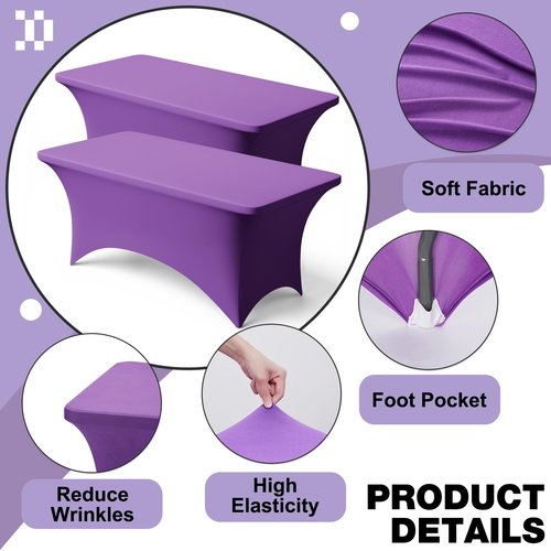 Trlyc 2 Pack 6FT Spandex Table Cloth - 72 x 30 Inch Rectangular Stretch Tablecloth, Wrinkle Resistant Scretch Table Cover for Wedding, Party, Banquet, Picnic, Outdoor Decoration (2Pcs,Purple)