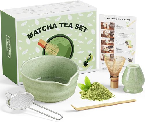 Dayacoco Matcha Whisk Set - Complete 5-Piece Ceramic Kit with Bowl, Whisk, Scoop & Sifter | Perfect Gift for Matcha Lovers (Green)