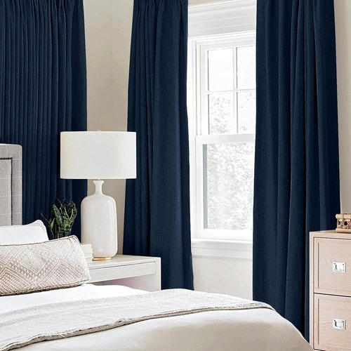 MIULEE 100% Blackout Linen Textured Curtains - Thermal Insulated Room Darkening Drapes | Midnight Blue, 52 x 84 Inch (2 Panels)