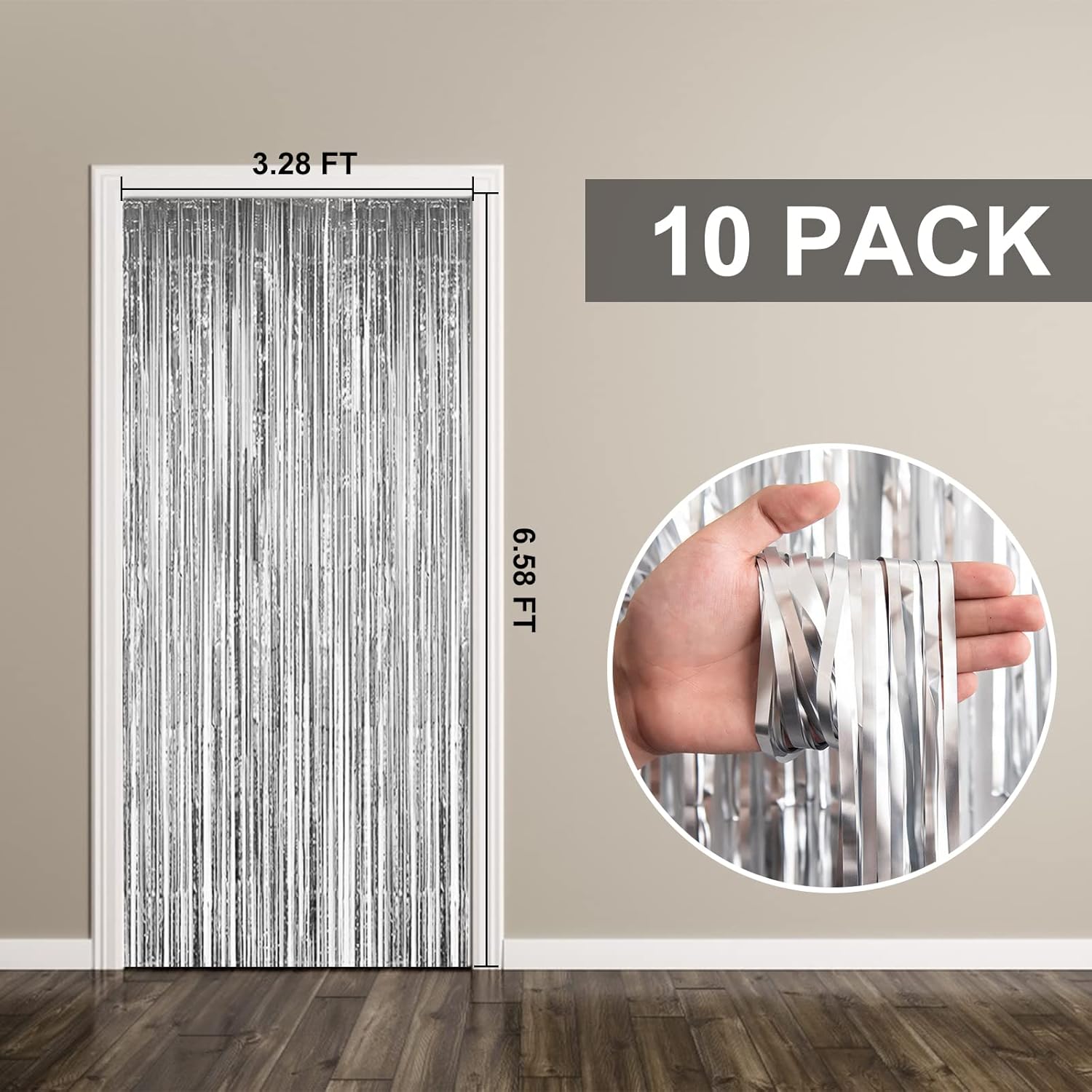 Skiennix Foil Curtain Backdrop - Silver Metallic Tinsel Fringe for Parties & Events | 10 Pack