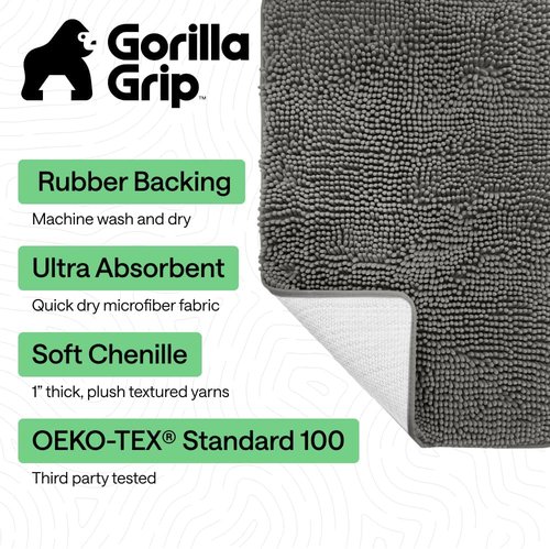 GORILLA GRIP Bath Rug Mat - Soft Absorbent Chenille | Quick Dry Microfiber, 60x24, Charcoal