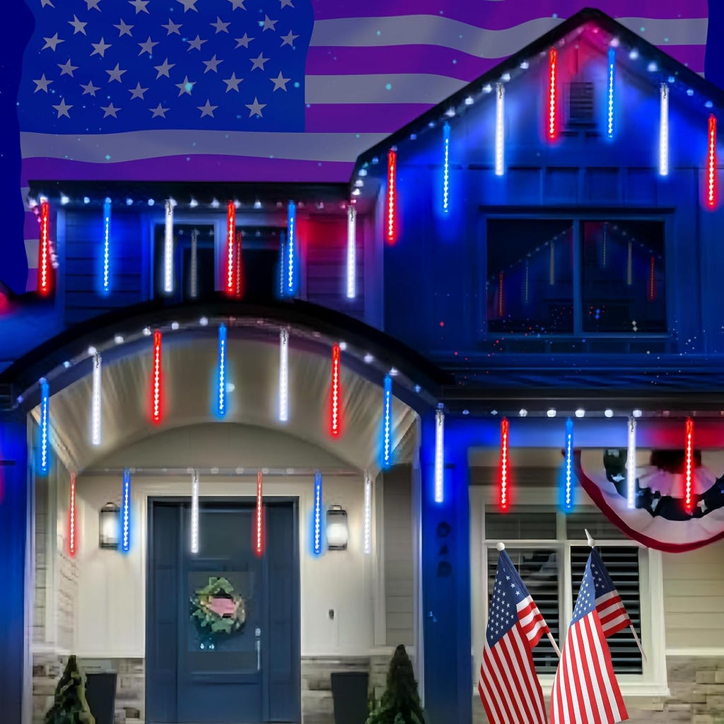 Skiennix 4th of July Decorations - USA 250th Anniversary Solar Meteor Shower Lights | 18 Tubes, 432 LEDs, Waterproof