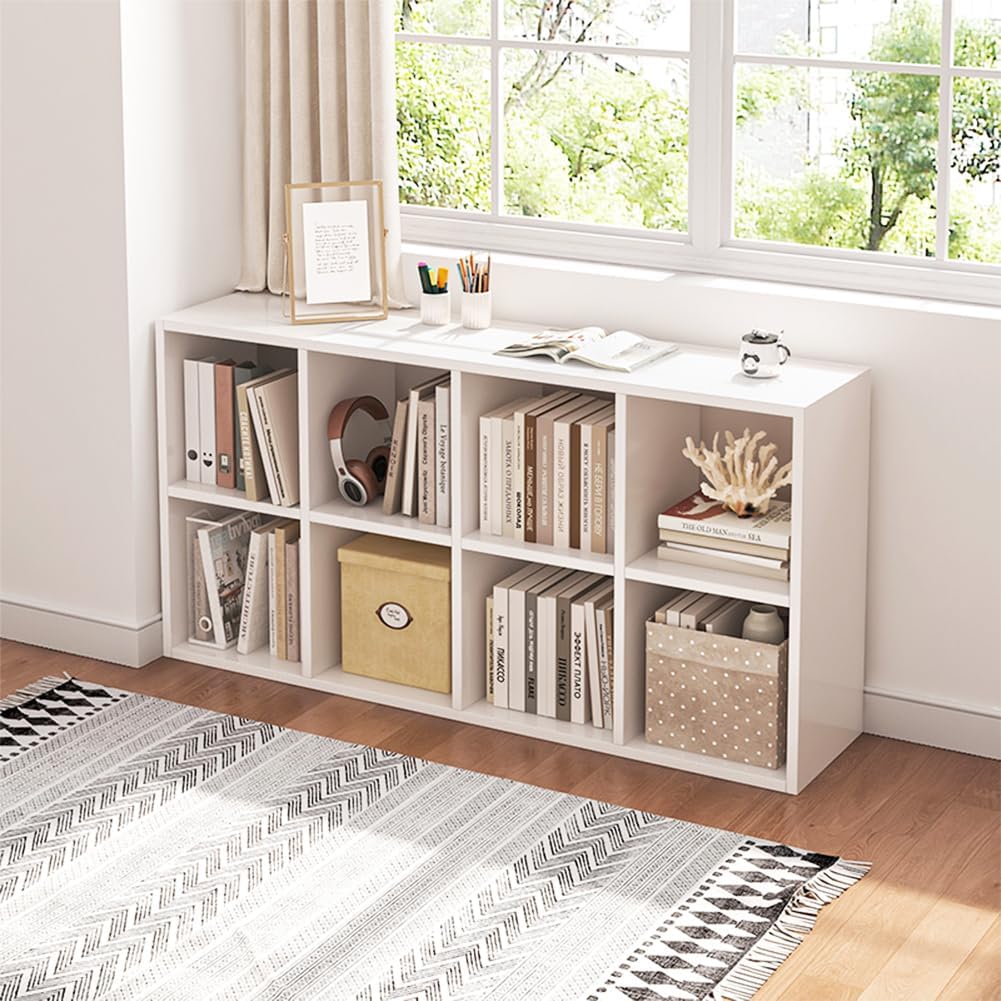 NELYE 8 Cube Organizer Bookcase - Stylish White Fabric Storage Bins & Open Shelf Design