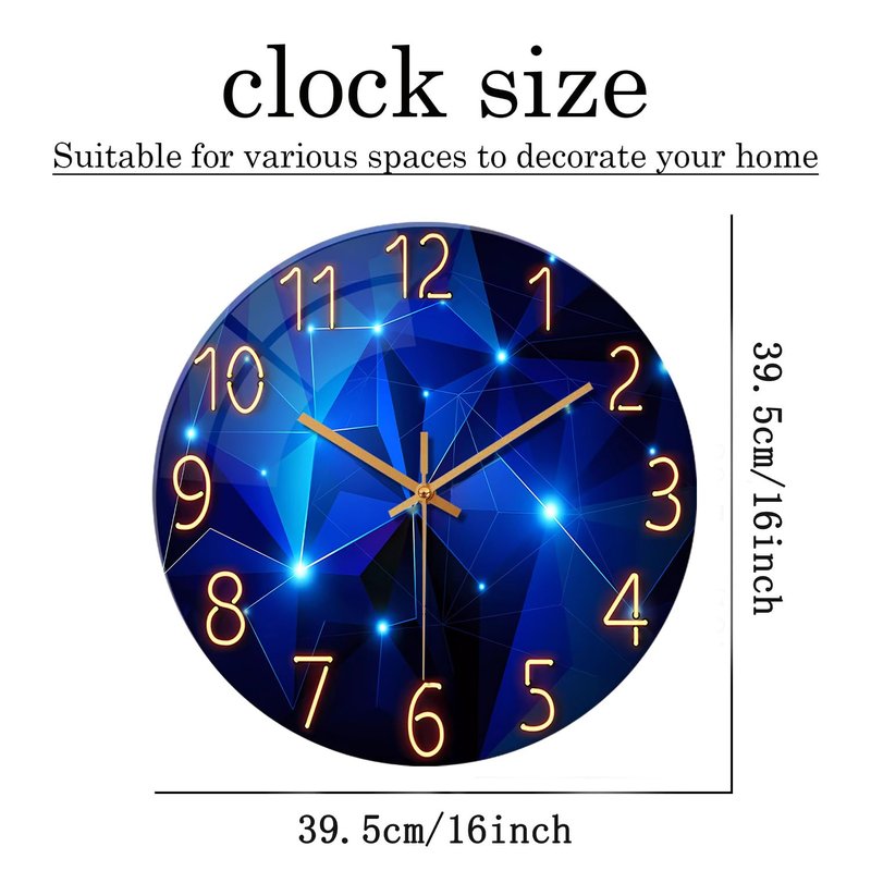 Constantplanet Blue Wall Clock Battery Operated 16 Inch Analog Glass Wall Clock Non Ticking Large Wall Clocks for Living Room Decor
