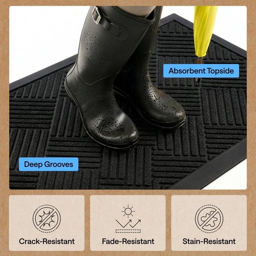 GORILLA GRIP Waterproof All-Season Doormat - Natural Rubber, Stain & Fade Resistant, 29x17, Black Diamond