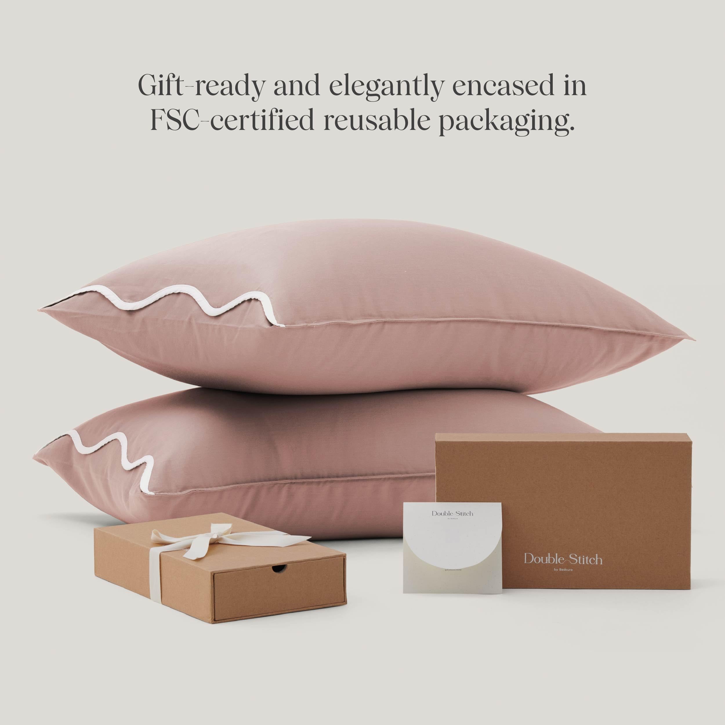 Double Stitch Cotton Tencel Pillow Cases Scalloped - Queen Size Pillow Cover Set of 2, Eucalyptus Lyocell Cooling Pillowcases for Hot Sleepers, Envelope Closure, Soft & Cozy, Dusty Mauve, 20" x 30"