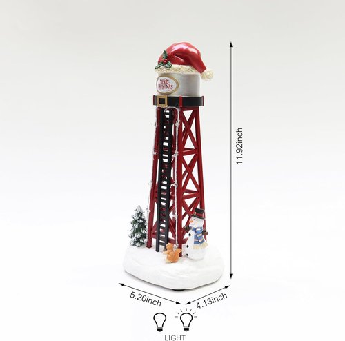 Moments In Time Water Tower Christmas Village - 12” LED Holiday Tabletop Decor with Santa Hat & Snowman