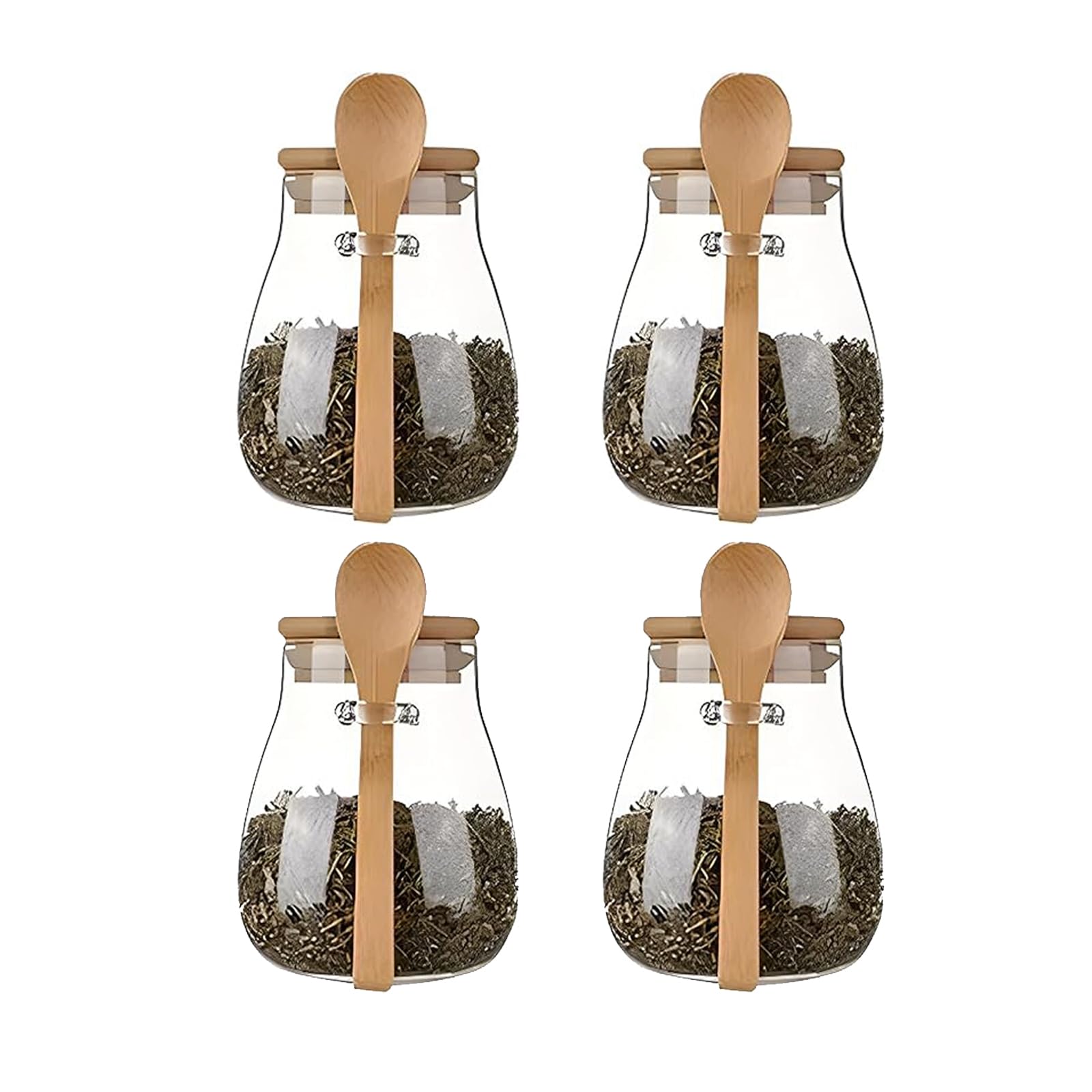 DNIENKGE Airtight glass jar storage container with bamboo lid Set of 4, wide mouth, leak-proof, With a spoon, can be used for coffee beans, tea leaves, grains, dried fruits, etc (Small*4pcs)
