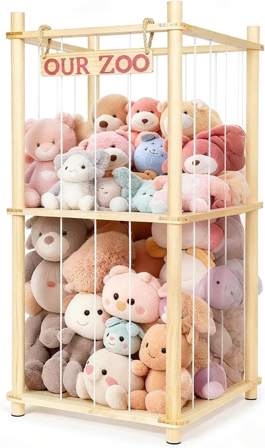 Natural Pine Wood Stuffed Animal Storage by Stuffed Animal Zoo - Space-Saving Plushie Playhouse for Kids