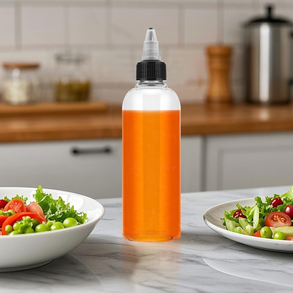 MOUYAT 64 PCS 4 oz 120ml Plastic Boston Squeeze Bottles, Paint Squeeze Bottles, Empty Dispensing Bottle With Twist Top Cap, Black White Plastic Squeeze Bottle for Oil, Paint