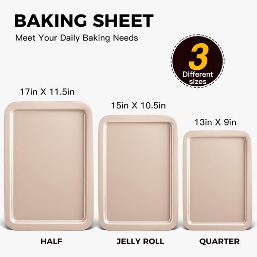 HONGBAKE Nonstick Baking Sheet Set - 3 Pack with Wider Grips | Half, Jelly Roll & Quarter Trays