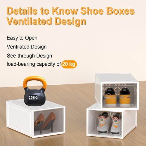HWQBany 6 Pack X-Large Shoe Storage Boxes Organizer for Closet, Shoe Boxes Clear Plastic Stackable, Space Saving Foldable, Fit up to US Size 12 Shoes, Shoe Rack for Entryway, Closet, Under Bed, White