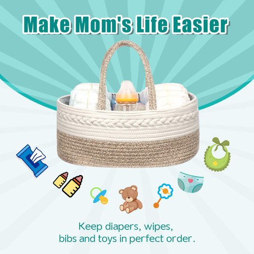 maxgoods Baby Diaper Caddy Organizer -100% Cotton Baby Basket Bin with Removable Divider -Portable Tote Bag Storage Basket for Boy & Girl Nursery Organization (White & Yellow Variegated)