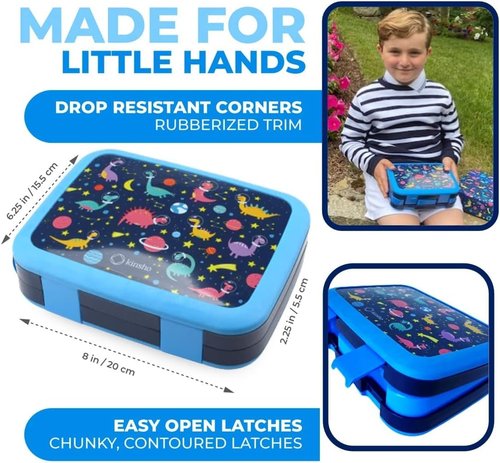 kinsho Kids Lunch Box - Bento Box for Boys Toddler Daycare, 4 Portion Sections with Lid, Snack Container Pre-School Kid Lunches Toddlers Removable Tray BPA Free, 3+ Years Old, Blue Rocket Dinosaur