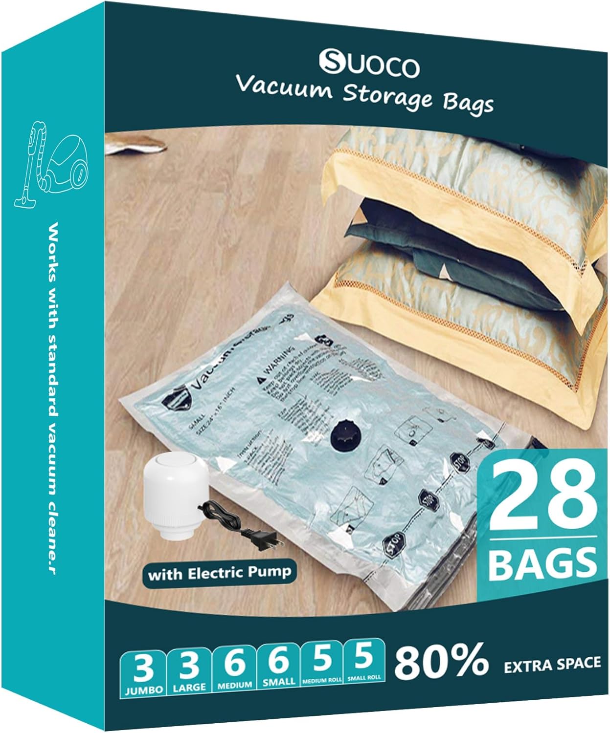 Skiennix Vacuum Storage Bags - Electric Pump Compression Packing for Travel | 28 Combo Set for Clothes & Bedding