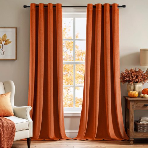 EMEMA Fall Burnt Orange Velvet Blackout Curtains 96 inches Long, Super Soft Luxury Thermal Insulated Curtains for Bedroom, Grommet Soundproof Elegant Window Drapes for Living Room W52 x L96 2 Panels