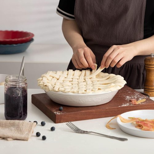 Fun Elements 9-Inch Ceramic Pie Pan - Deep Dish with Lace Emboss & Ruffled Edge | Perfect for Baking & Gifts