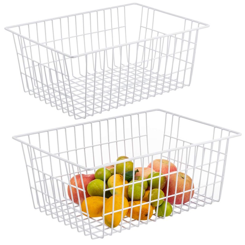 iPEGTOP Wire Storage Freezer Baskets, Set of 2 13.4" Household Organizer Storage Bins Fridge Basket Rack with Handles for Kitchen Cabinets, Pantry, Office, Bathroom Organization - White
