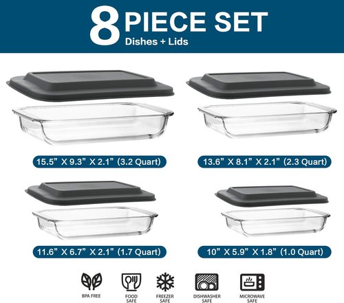 MCIRCO Glass Baking Dish Set - 8 Pcs with Lids & 9 Pcs Stainless Steel Baking Sheet Tray | Perfect for Cooking & Baking