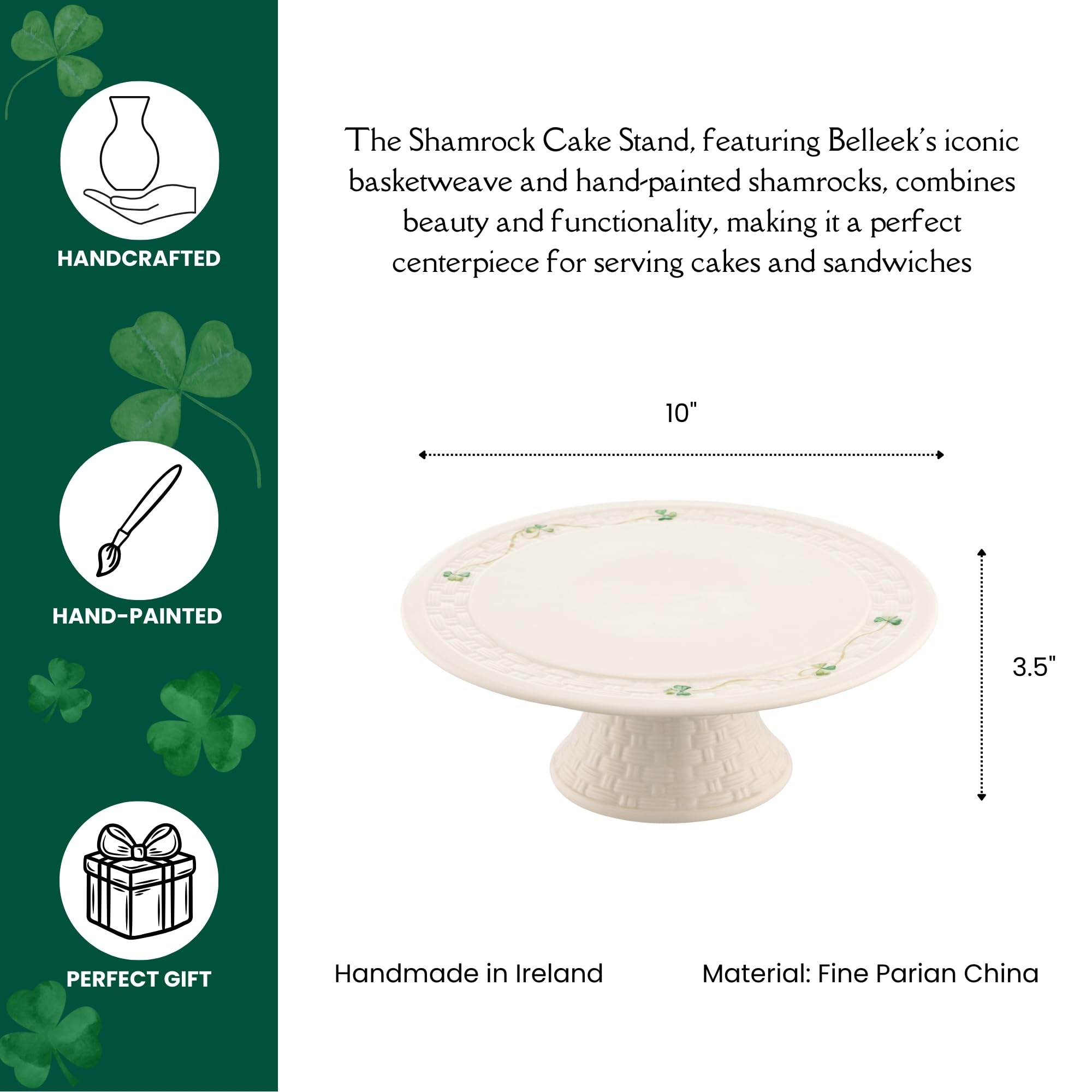 Belleek Classic Shamrock Cake Stand 10"D x 3.5"H, Handcrafted Fine Parian China Cake Plate, White