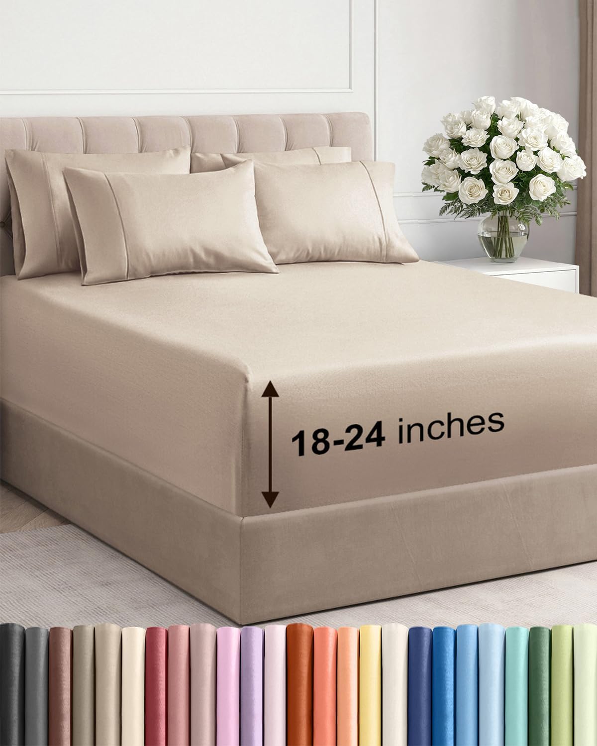 Skiennix Extra Deep Full Sheet Set - 6 Piece Breathable Cooling Bedding - Soft Wrinkle-Free Wheat Color