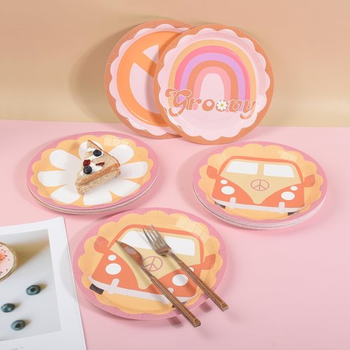 AimFun 48 Pcs Groovy Party Plates Retro Hippie Boho Paper Plates 60s 70s Party Decorations 9" Daisy Flower Peace Round Disposable Plates for Birthday Baby Shower Wedding Bridal Tableware
