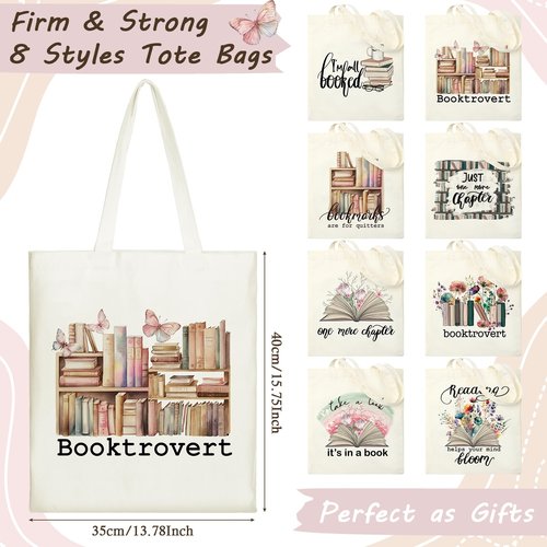 Sweetude 8 Pcs Book Lovers Club Gifts Bulk Canvas Tote Bags Bookish Librarian Reader Gift for Women Teacher(Book,Flower)