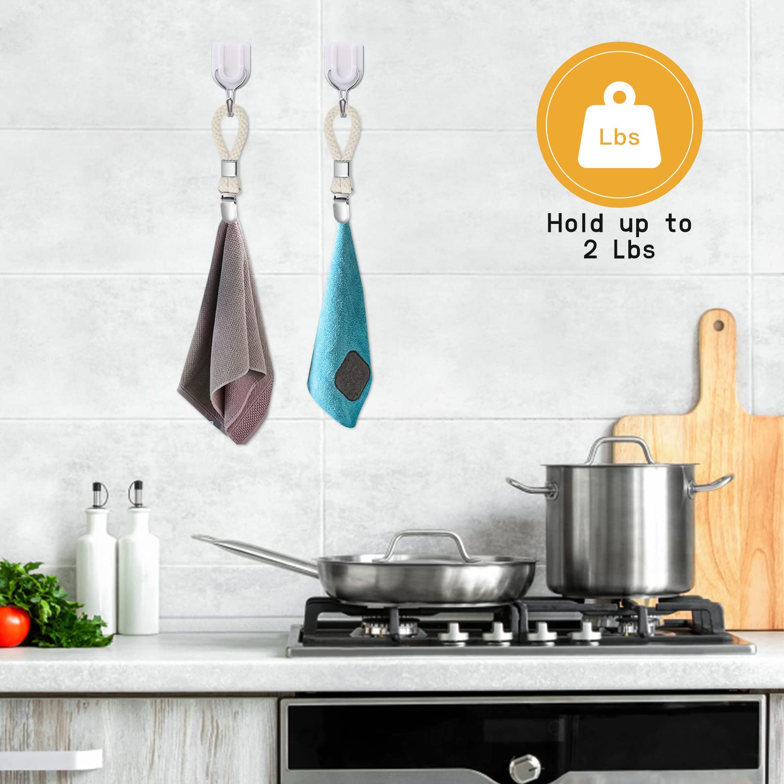 Elesunory 8PCS Hanging Tea Towels Clip, Metal towel hanger with Loop Cotton, Hand Towel Hook for Home Kitchen Bathroom Hanging Towels