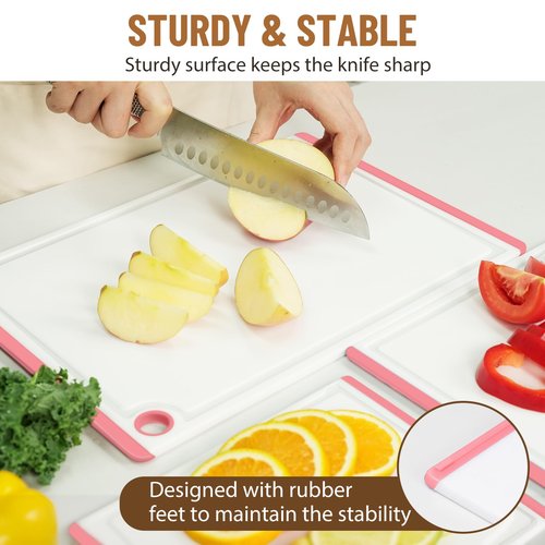 Kikcoin Plastic Cutting Boards for Kitchen, 3-Piece Large Cutting Board Set Dishwasher Safe Chopping Boards with Non-slip Feet and Juice Grooves, Pink