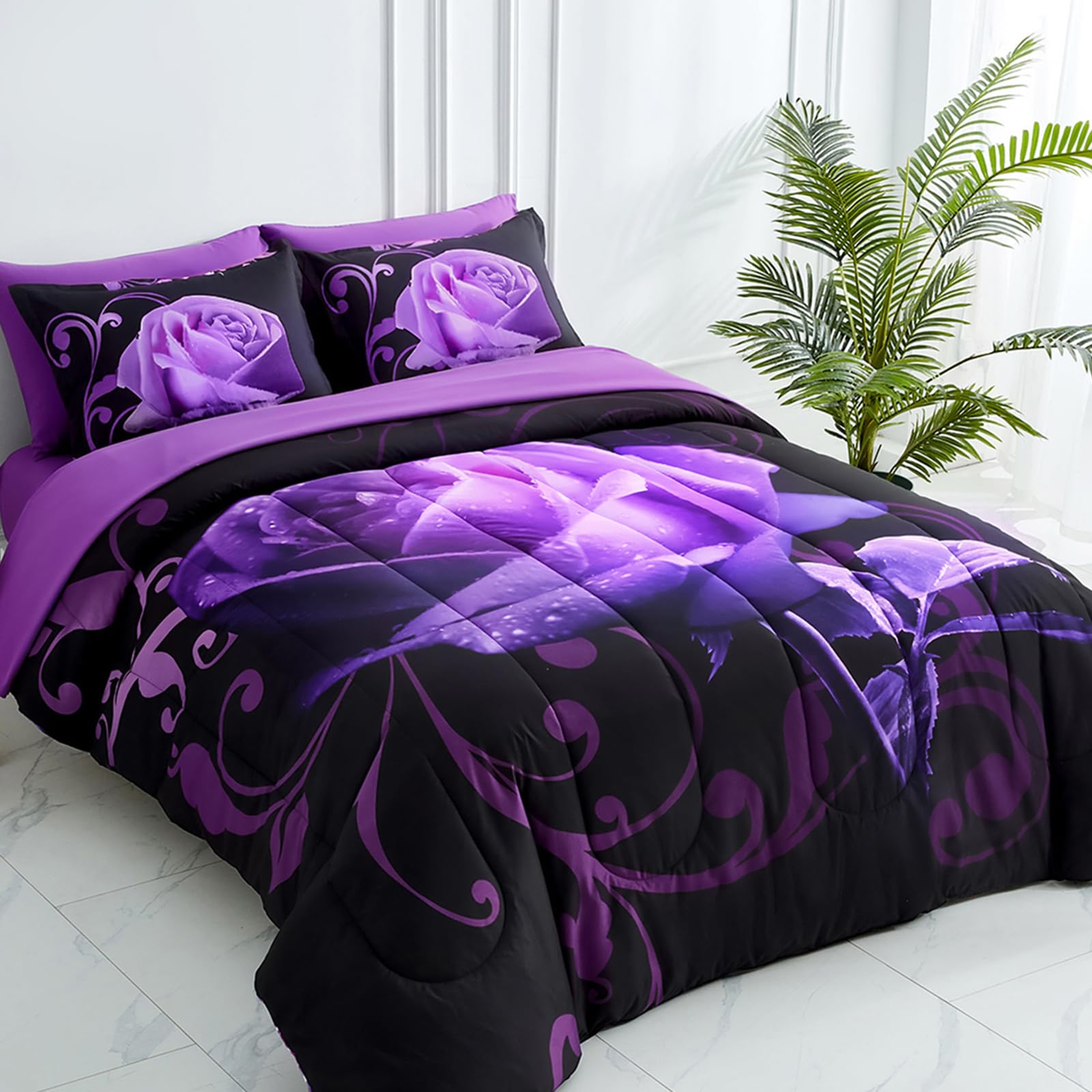 WONGS BEDDING Purple Comforter Set Queen, Reversible Purple Rose 7 Pieces Bed in a Bag, Lightweight Soft Microfiber Bedding Sets with Flat Sheet, Fitted Sheet, Pillowcases & Shams