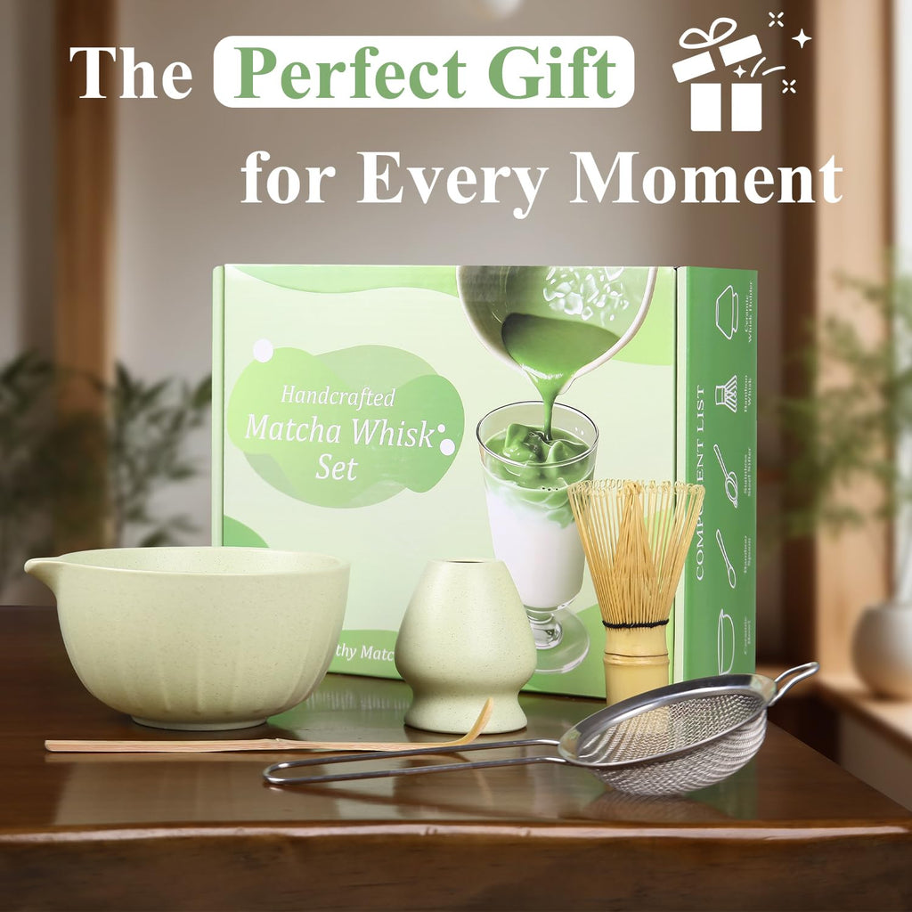 Matcha Whisk Set, Matcha Bowl with Spout, Matcha Whisk & Holder, Stainless Sifter and Bamboo Scoop, Complete Matcha kit Gift for Matcha Lovers & Starter