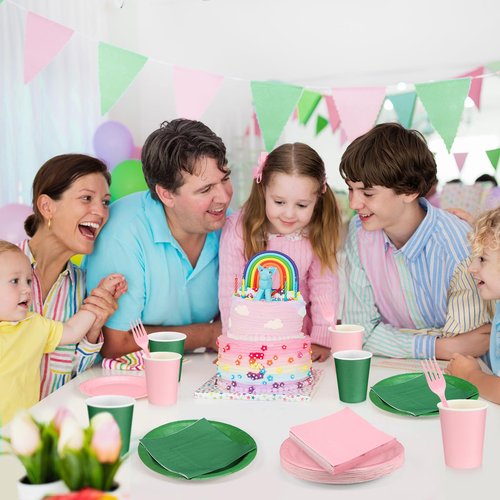 Willinglong 48 Sets/ 192 Pcs Green and Pink Witch Party Decoration Pink and Green Paper Plates Napkins Cups and Fork Decorations for Girl Birthday Decorations