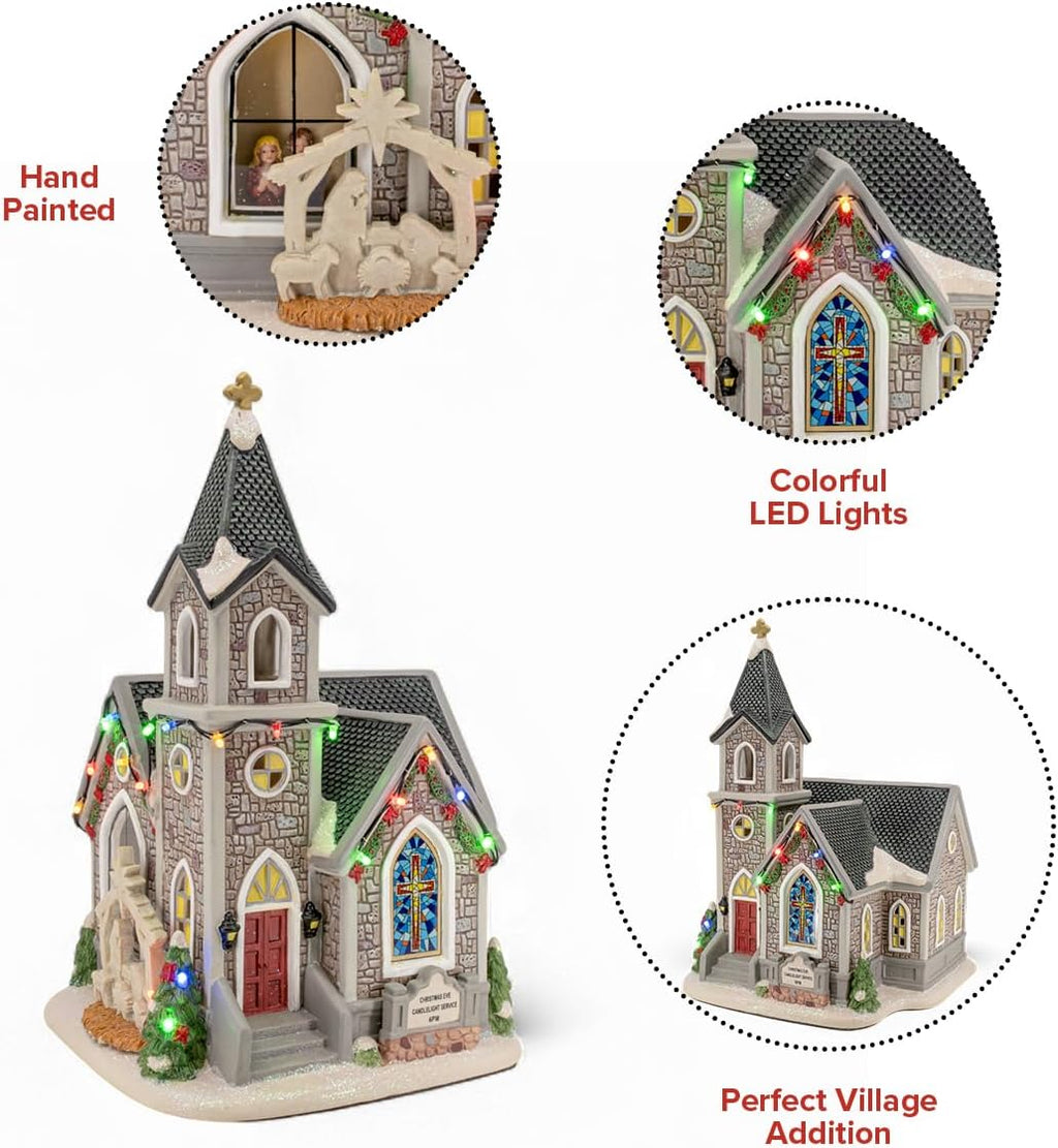 Skiennix Corner Cathedral Porcelain Christmas Village - LED Lights for Festive Charm