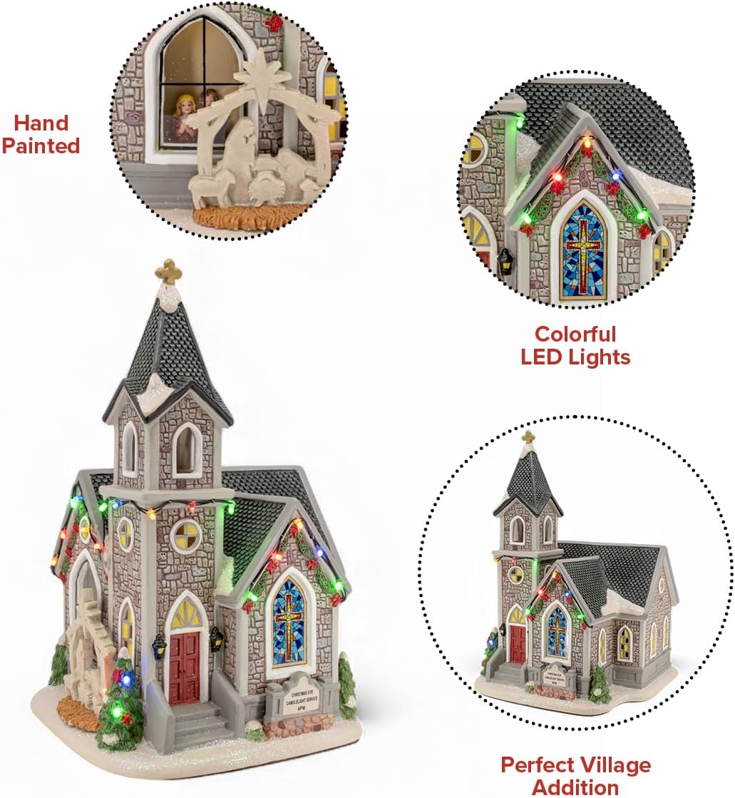 Skiennix Corner Cathedral Porcelain Christmas Village - LED Lights for Festive Charm